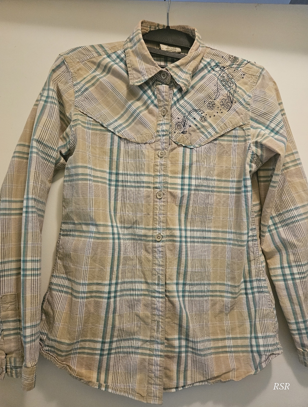 Cabela's Beige Plaid Cotton Shirt with Floral Embroidery
